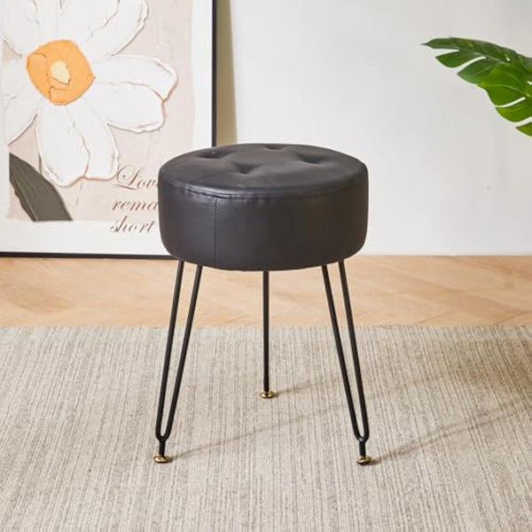 IBUYKE Faux Leather Round Footrest Stool, Makeup Vanity Stool Side Table, PU Dressing Table Seat, Pouf Couch Stool, Golden Steel Legs, Black L/G-31B