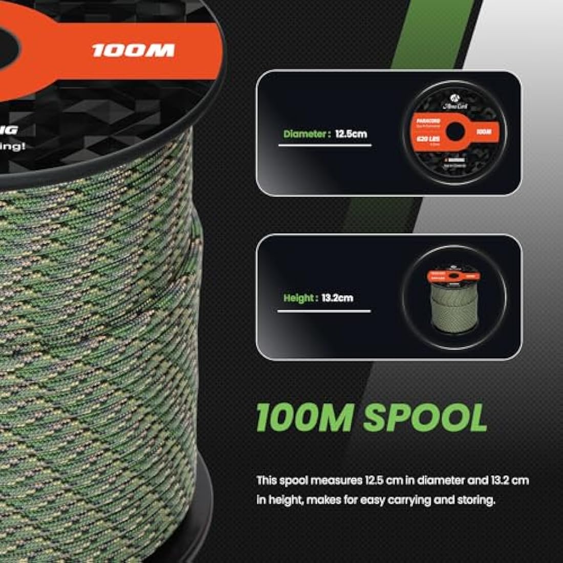 Abma Cord Paracord 4mm 100m 100% Nylon Rope 9 Strands Type III Parachute Cord for DIY, Camping, Survival, Outdoor - Max. 280kg - Jager Camo