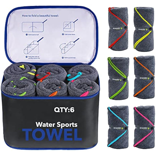 4Monster 6 Pack Microfibre Gym Towel with Accessory Bag, Quick Dry Travel Towel Super Lightweight, Ultra Absorbent Beach Camping Towel for Sports Yoga Swimming Hiking Bath and Pool (6Pack, Navy Blue)