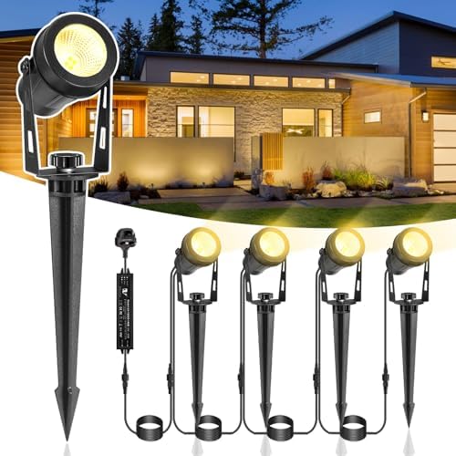 IRISECO 4-1 Garden Spot Lights, 15M Outdoor Spotlight with Adapter, 12V Low Volt LED Garden Lighting, IP65 Waterproof, Outdoor Spot Lights Mains Powered for Yard (3000K)