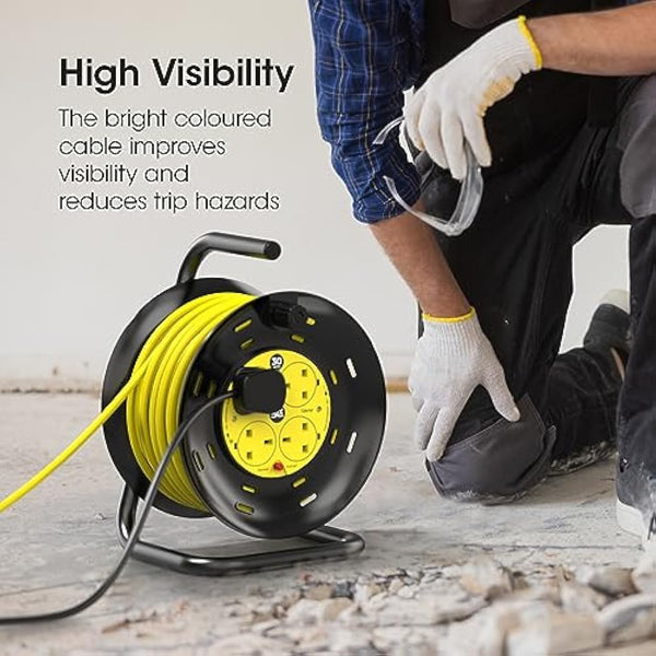 Extension Lead 30m Heavy Duty Cable Reel, 4 Socket Cord Reel UK Plug Socket with Thermal Cut-Out Protection 13A Fused Plug