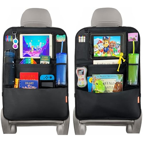 Huckaboo Car Seat Organiser - Kids Back Seat Organiser, Storage Pockets, Screen Holder, Black, 2 Pack