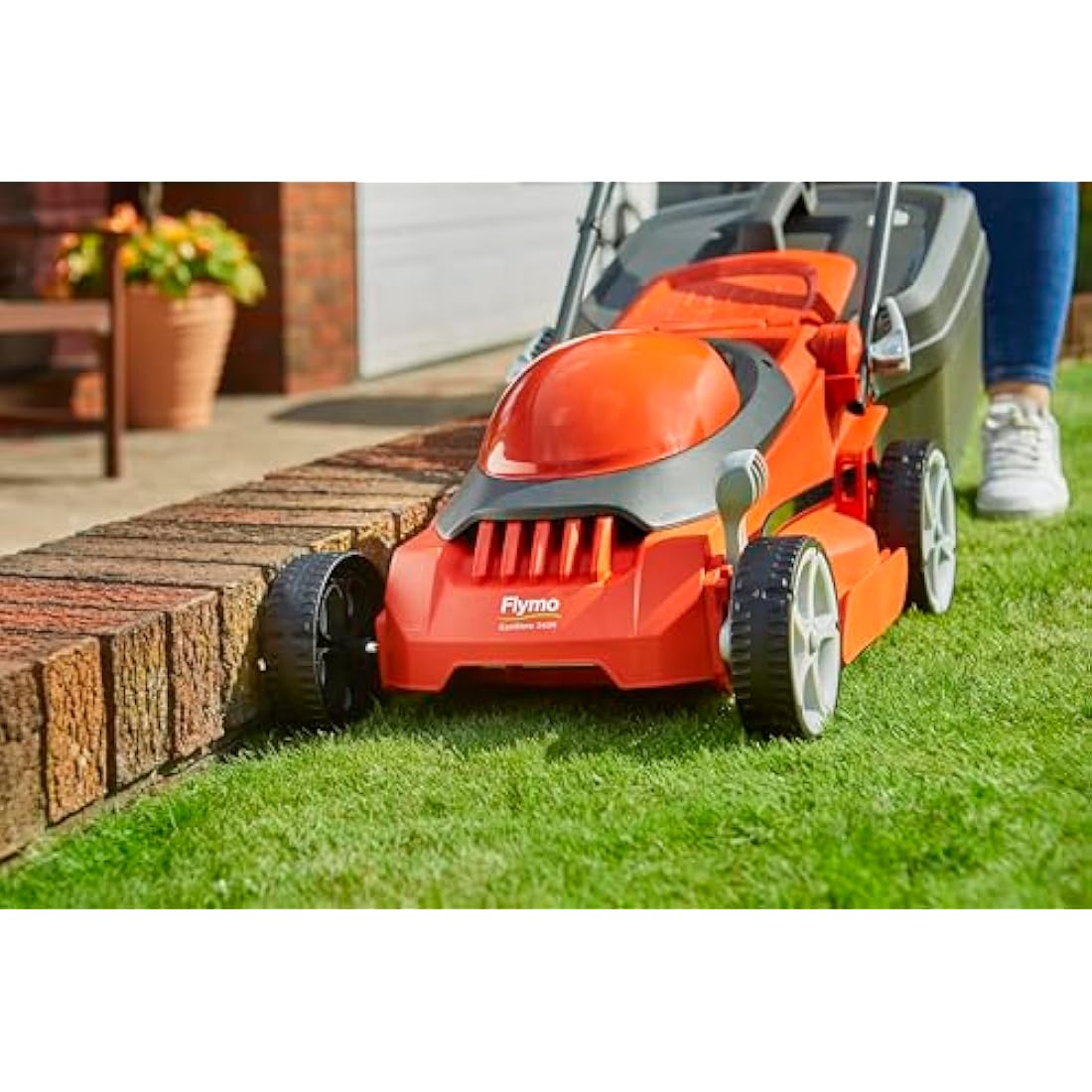 Flymo EasiStore 340R Electric Rotary Lawn Mower - 34 cm Cutting Width, 35 Litre Grass Box, Close Edge Cutting, Rear Roller, Central Height Adjust , Space Saving Storage Features
