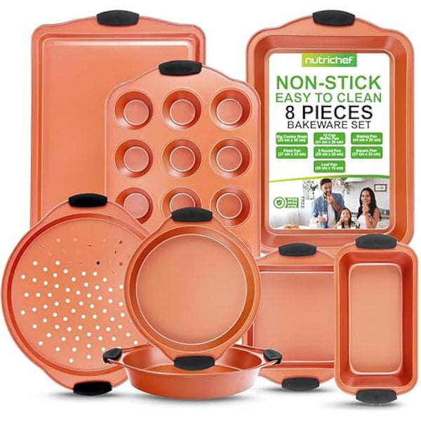 8 Piece Baking Pan Set - PFOA, PFOS, PTFE Free Flexible Nonstick Carbon Steel Bakeware Set - Home Kitchen Bake Pan Cookie Sheet Stackable Baking Tray Set w/Black Silicone Handles