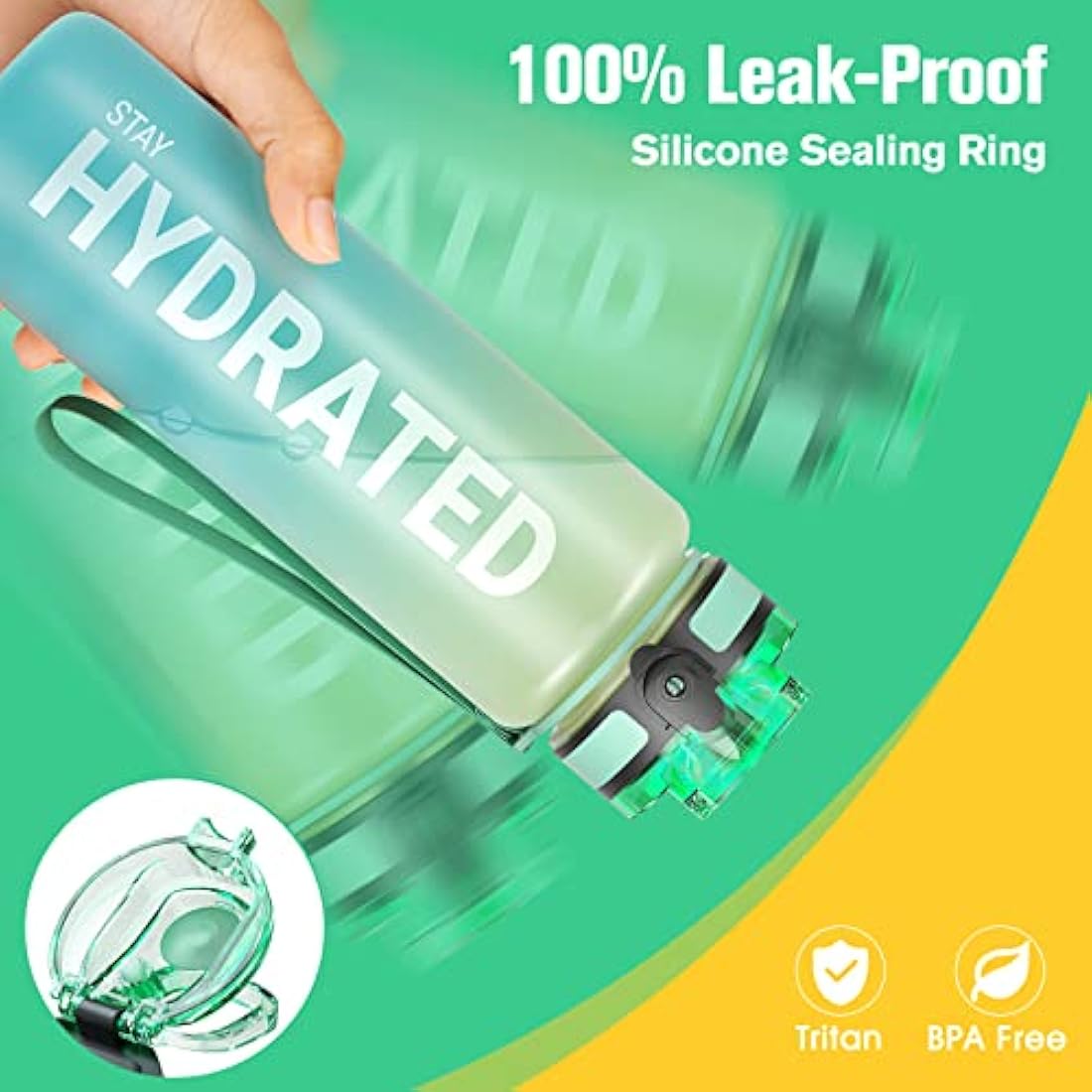 Sahara Sailor Leakproof Water Bottle 1L/500ML/750ML, Tritan BPA Free Motivational Sport Drinks Bottle with Clear Time Marker, Lock Cover, Easy Clean Brush, Durable for Gym, School, Cycling (1 Bottle)