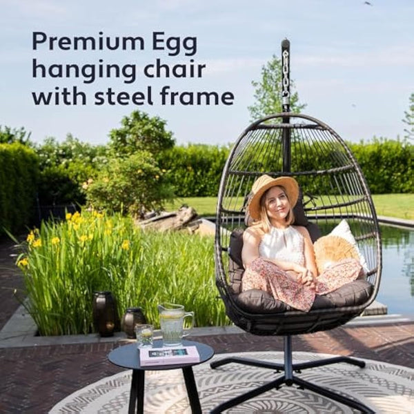 Vita5 Hanging Egg Chair Indoor&Outdoor - Swing Chair with Frame Polyrattan with Cushion - Hanging Chair Outdoor and Indoor - Foldable Hammock Chair - Maximum Load 150kg - Dark grey