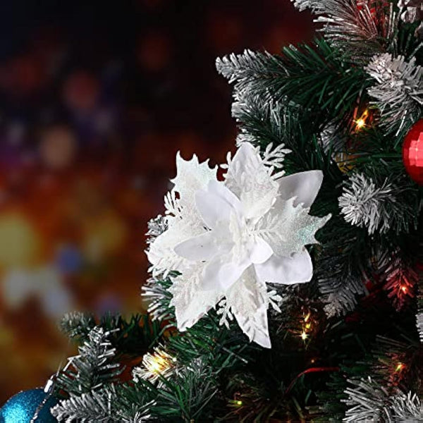 12Pcs Poinsettia Artificial Flowers, Christmas Glitter White Flowers Ornaments for Christmas Tree, with Stems and Clips, Xmas Floral Party Decor Wreath, Garland Craft Supplies, White