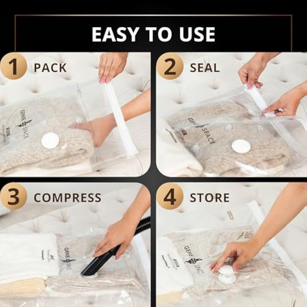 GENIE SPACE Premium Vacuum Storage Bags for Drawers, Suitcases and Wardrobes - Airtight, Odour-Proof, Reusable - Double Zipper Seal Compact Organiser - 80x60 cm, 6-Pack, Large