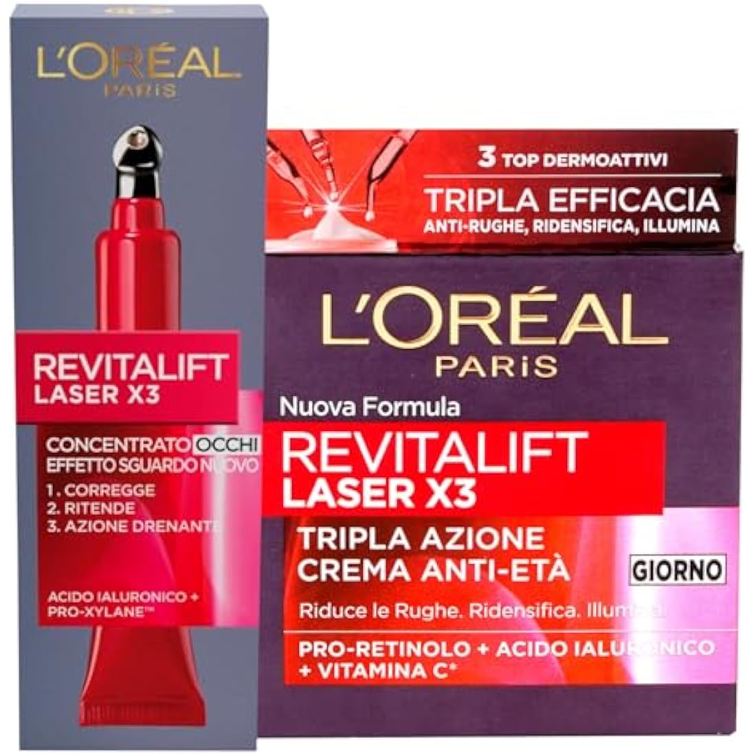 L'Oréal Paris Revitalift Day Cream Laser X3 Anti-Wrinkle Action 50ml + Revitalift Eye Contour Laser X3 Anti-Age 15ml - 2 Treatments with Hyaluronic Acid and Pro-Xylane