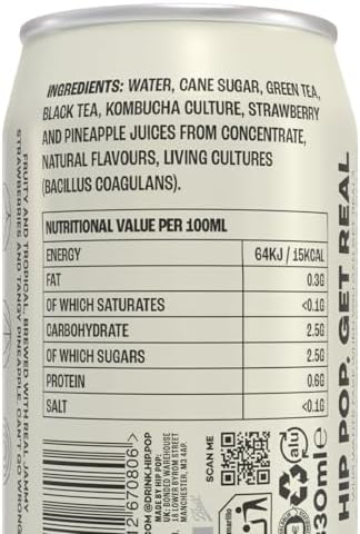 Hip Pop Kombucha, Strawberry & Pineapple, Low Calorie, 100% Natural, Vegan, Branding of Cans May Vary, 24 x 330 ml