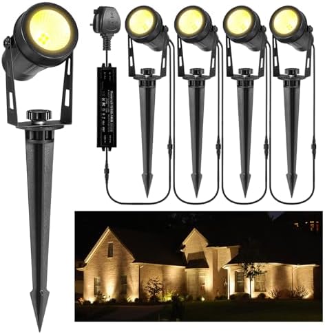 GreenClick Garden Spike Lights, Extendable Garden Lights Mains Powered 12V Low Voltage Landscape Spotlights IP65 Waterproof Outdoor Garden Uplights for Wall Trees Shrubs(4 Pack, Warm White)