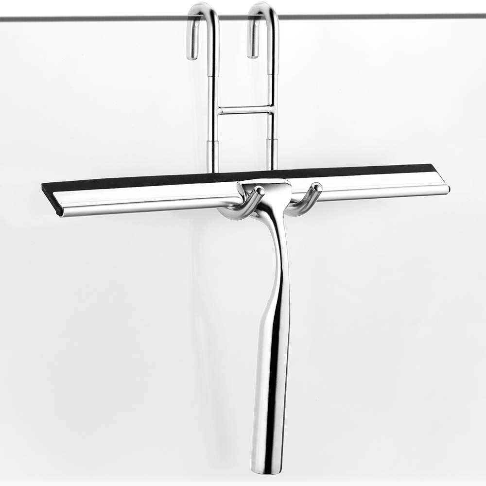 ecooe Shower Squeegee Stainless Steel Shower Screen Wiper 10in / 25cm, Squeegee Shower Cleaner with Hook and 1 Silicone Wiper Lip, Shower Scraper for