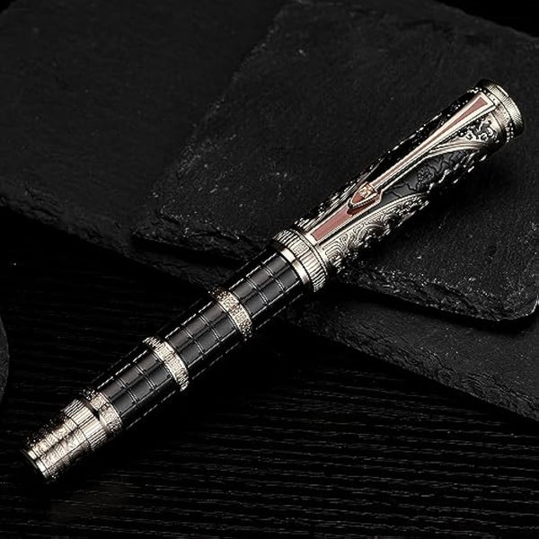 Hong Dian D5 Qin Dynasty Fountain Pen Silver Black Extra Fine Tip Piston Filler Pen Chinese Retro Totem Engraved Soft Writing Pen with Pen Box Set