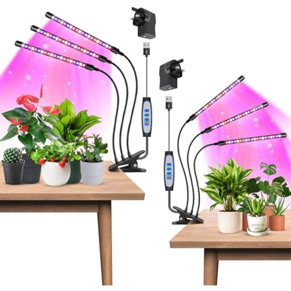 Garpsen Led Grow Light, 2PCS 3 Heads Full Spectrum Clip Plant Light for Indoor Plants, 120 LEDs Grow Lights, with 3 Switch Modes & Auto ON/Off 6/12/16H Timer, 5 Dimmable Levels (Red Blue Warm White)
