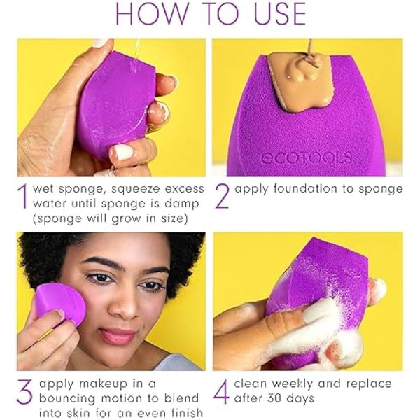 EcoTools Bioblender Makeup Sponge, Compostable Makeup Blending Sponge, Eco-Friendly, For Liquid & Cream Foundation, Base Makeup Coverage, Cruelty Free, Latex Free & Vegan, Purple, 1 Count