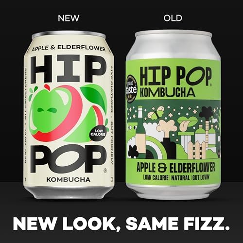 Hip Pop Kombucha, Apple & Elderflower, Low Calorie, 100% Natural, Vegan, Branding of Cans May Vary, 24 x 330 ml