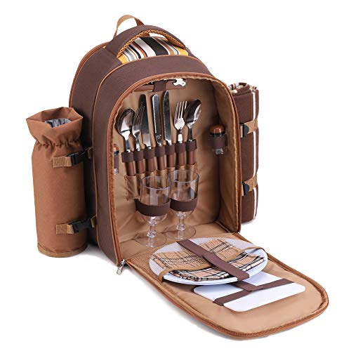 apollo walker 2 Person Picnic Backpack Picnic Bag Hamper Cooler Bag with Tableware Set & Blanket (BROWN)