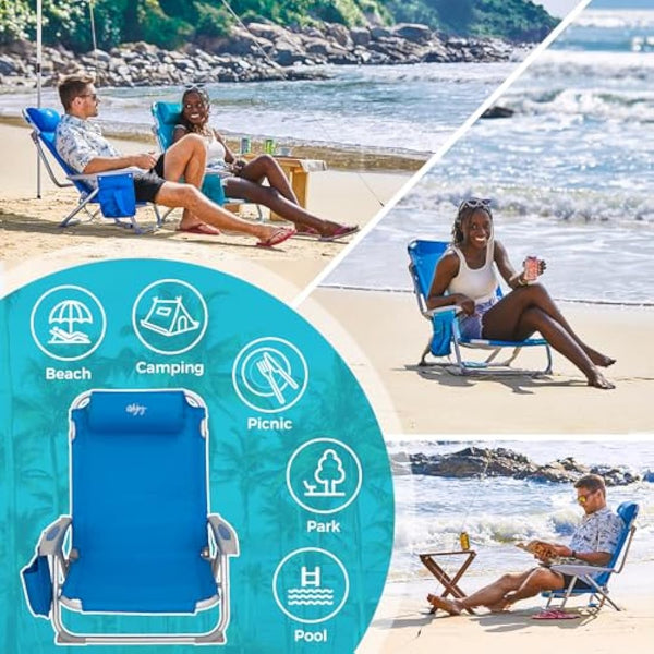 #WEJOY 4-Position Adjustable Beach Chair for Adults, Folding Low Camping Chairs Aluminum Lightweight & Portable, High Back Pillow Pocket Outdoor Reclining Garden Chair