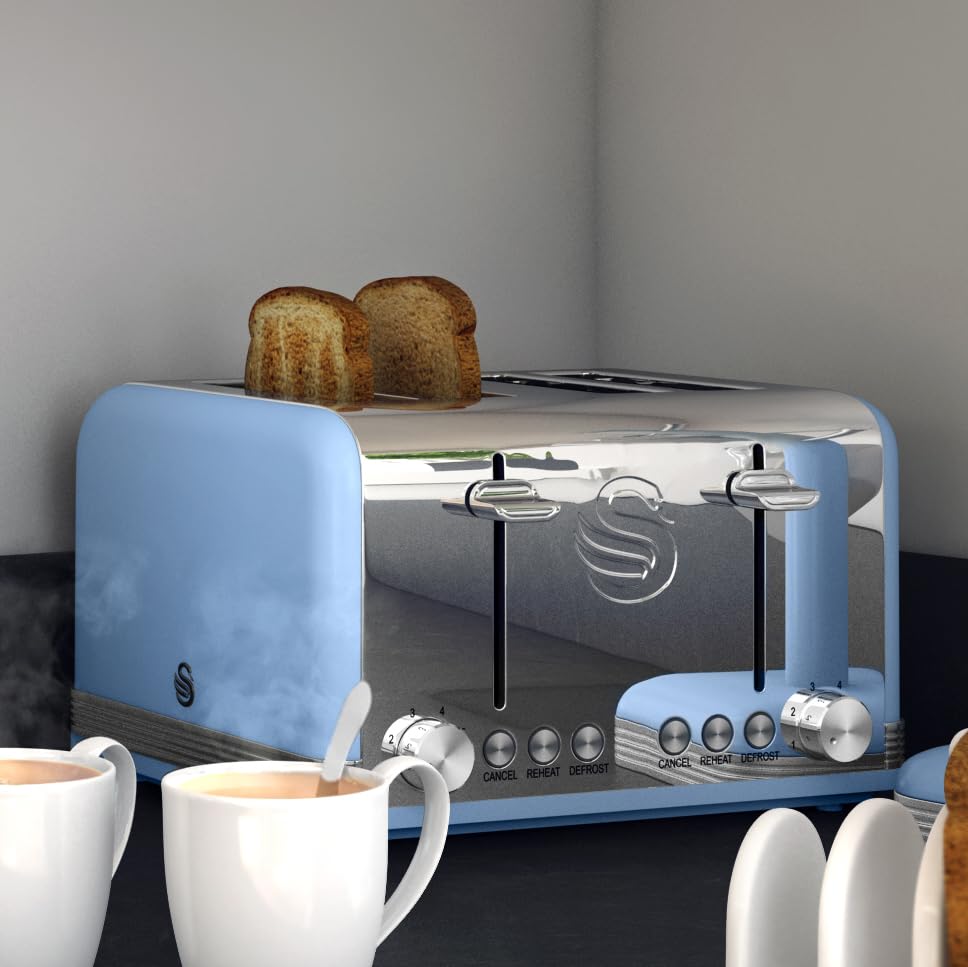 Swan ST19020GRN Retro 4-Slice Toaster with Defost/Reheat/Cancel Functions, Cord Storage, 1600W, Retro Grey