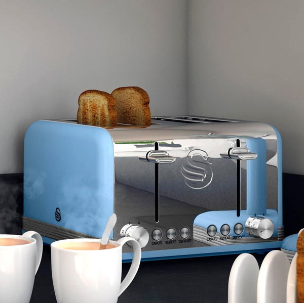 Swan ST19020GRN Retro 4-Slice Toaster with Defost/Reheat/Cancel Functions, Cord Storage, 1600W, Retro Grey
