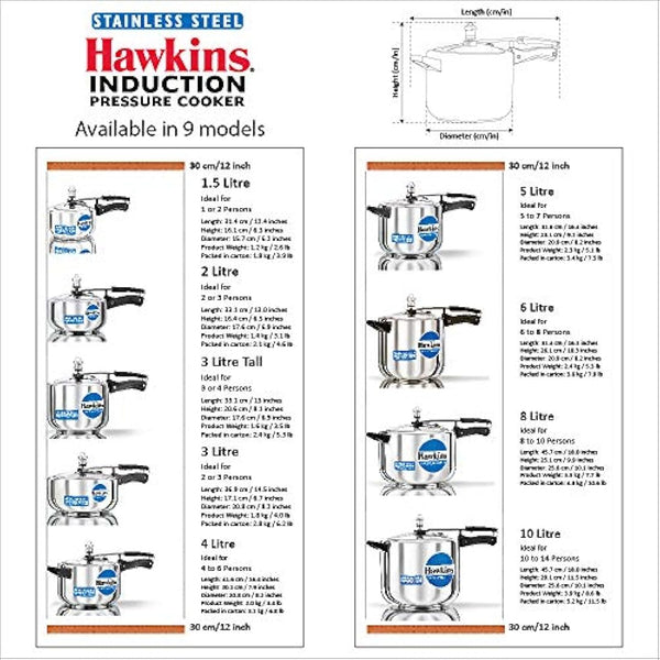 Hawkins Stainless Steel Induction Compatible Pressure Cooker, 6 Litre, Silver (HSS60)