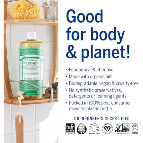 Dr Bronner's 18-in-1 Almond Pure-Castile Liquid Soap, Made with Organic Oils, Used for Face, Body, Hair, Laundry, Pets and Dishes, Certified Fair Trade & Vegan Friendly, 473ml Recycled Bottle