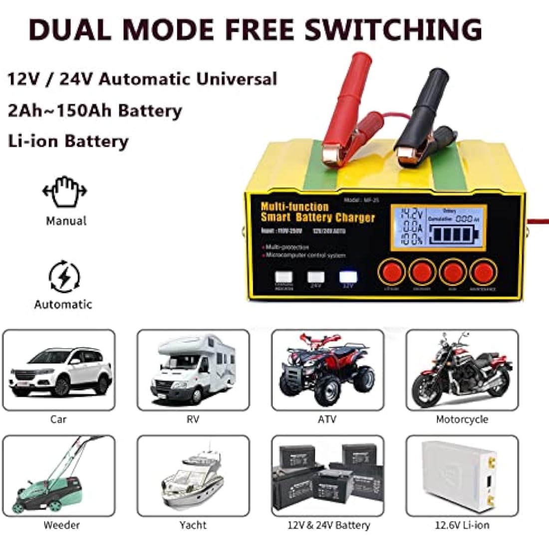 DSGKUU 12Amp Car Battery Charger, LiFePO4 Battery Charger Maintainer Lithium Trickle Charger with LCD Screen, Pulse Repair Suitable for Lead-Acid(AGM/Gel/SLA) Automotive