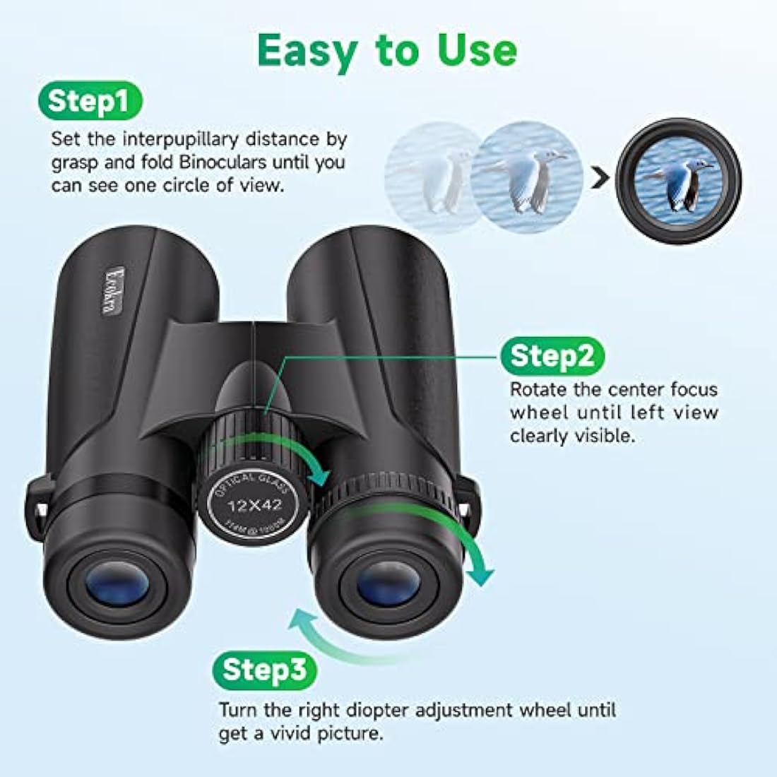 Ecokra 12x42 HD Binoculars for Adults, Super Bright High Power Compact Binoculars with Large View, Clear Low Light Night Vision, BAK4, FMC Prisms for Bird Watching Hunting Stargazing