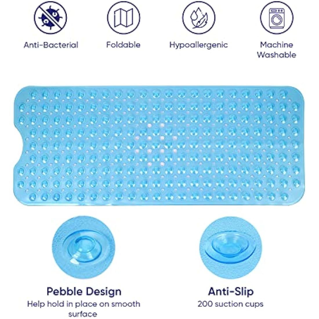 MOONLIGHT20015 Shower Bath Mat Non Slip Anti Mould & Mildew with Strong Suction Cups Grip and Drain Holes Soft Rubber Shower Mats - PVC Bathroom Mat Machine Washable (100x40cm, Blue)