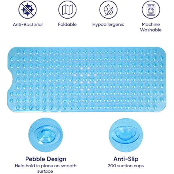 MOONLIGHT20015 Shower Bath Mat Non Slip Anti Mould & Mildew with Strong Suction Cups Grip and Drain Holes Soft Rubber Shower Mats - PVC Bathroom Mat Machine Washable (100x40cm, Blue)