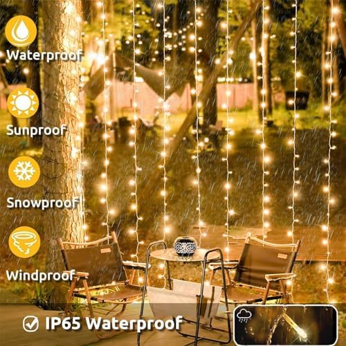 Joycome 2 Pack 600 LED Curtain Lights 6m x 3m Curtain Fairy Lights Plug in, 8 Modes Waterproof Window Lights for Gazebo Wall Wedding Xmas Indoor Outdoor Decorations - Warm White