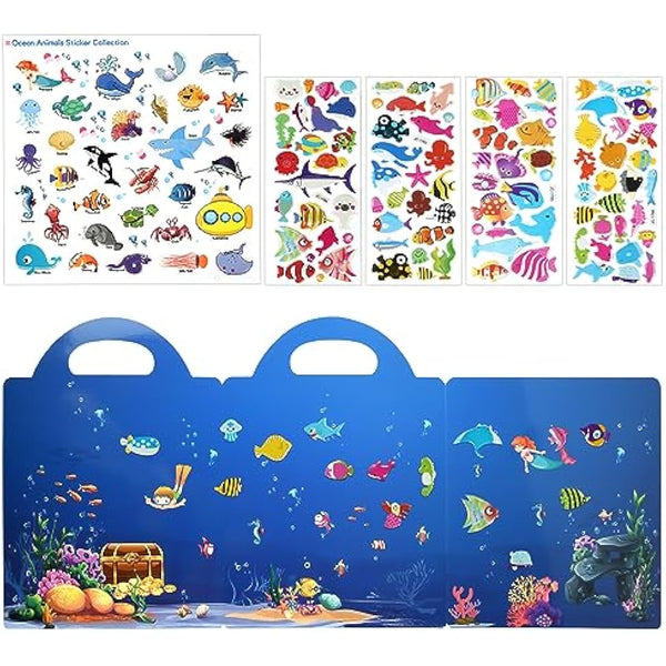 ASTARON Reusable 3D Puffy Sticker Book for Kids, 88 Pcs Cute Waterproof Ocean Animals Stickers, Puffy Sticker Game Travel Stickers and Educational Sensory Learning Toy（3-6 Age）