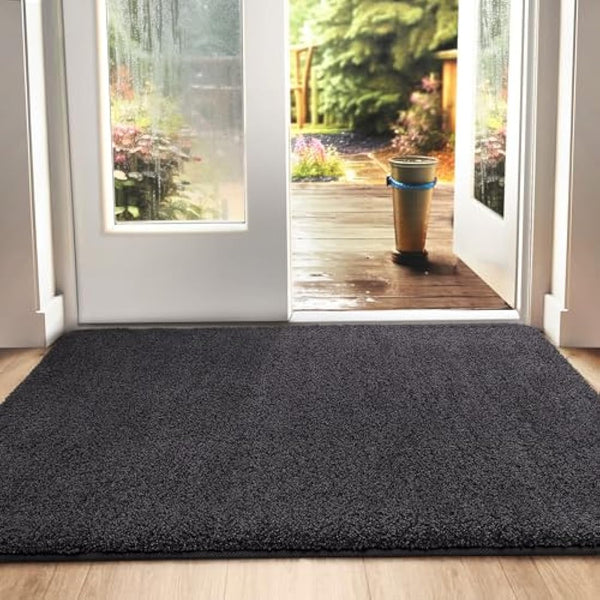 DEXI Dirt Trapper Door Mat Indoor, Non-slip Doormats Inside, Machine Washable, Super Absorbent Entrance Mats Soft Floor Carpet Rug, 60 x 90 cm, Black-Grey