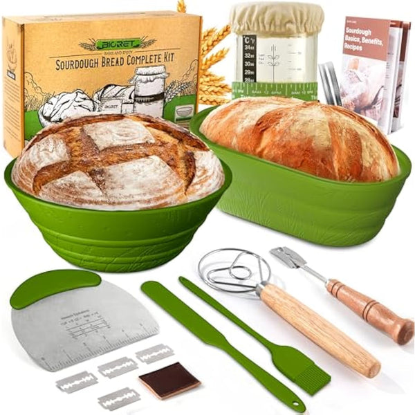 Sourdough Bread Baking Supplies 34 OZ Sourdough Starter kit with 2 Bread Proofing Basket (Green) (Green)