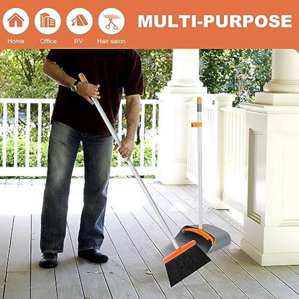 Jekayla Long Handled Dustpan and Brush, Broom and Dustpan Set, Household Dust pan Combo with 54 Inch Handle for Indoor Outdoor Household Cleaning and Sweeping (Orange)