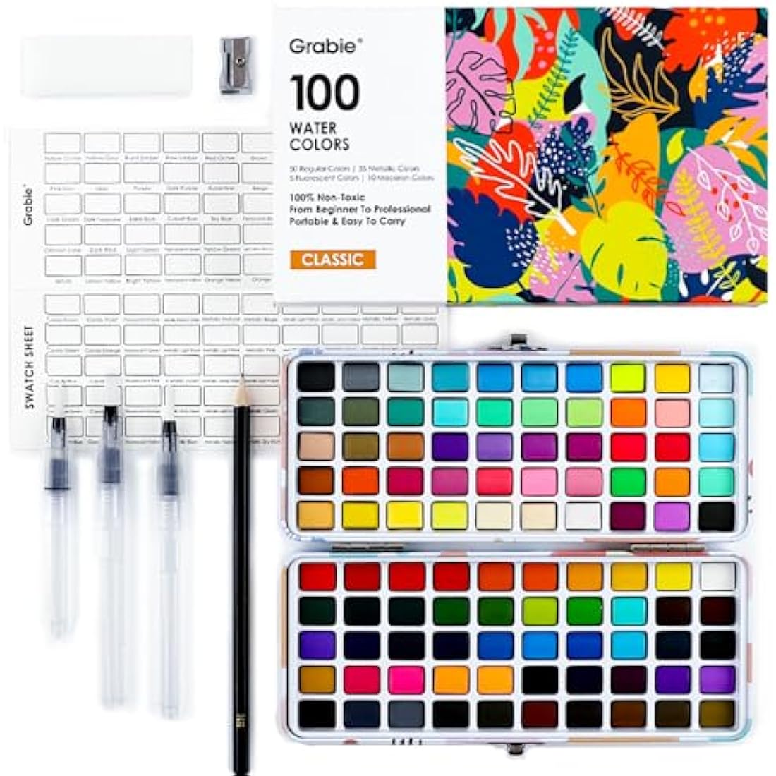 Grabie Watercolor Paint & Paint Material Set 100 Colors with Water Markers and Drawing Pencil, Ideal for Kids and Adults, Art Supplies, Perfect Kit