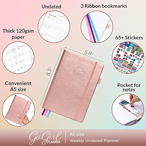 GoGirl Planner and Organizer for Women – A5 Weekly Agenda, Goals Journal to Improve Time Management & Productivity (Rose Gold)