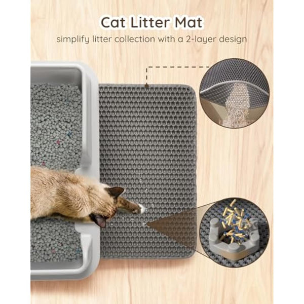 Papettly High Sided Stainless Steel Litter Box - Metal Cat Litter Tray with Splash-Proof Lid, Easy Cleaning & Odor-Less Kitten Litter Tray with Double Layer Litter Mat, Litter Scoop, Brush, 50x35x20CM