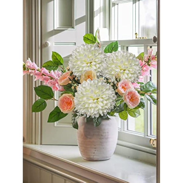 6'' Large Artificial Chrysanthemum Flowers with 25.6'' Long Stem, 4 pcs White Fake Silk Flowers Faux Ball Flowers for Home Decor, Bridal, Wedding, Party, Garden, Floral Arrangement