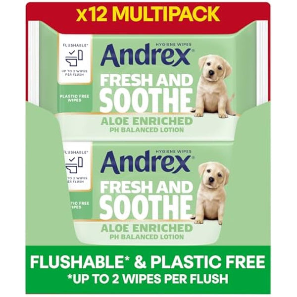 Andrex Fresh and Soothe Hygiene Wipes, 12 Packs - Flushable Toilet Wipes - Skin Kind - Contains Aloe Vera and Prebiotic Lotion- Biodegradable and Plastic-Free, FSC Certified