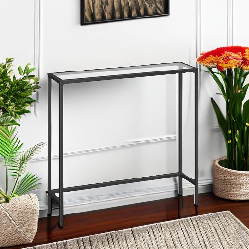 HOOBRO Slim Hallway Console Table, Tempered Glass Sofa Table, 75 x 22 x 80 cm, Modern Display Table for Living Room, Metal Frame, Sturdy, Black