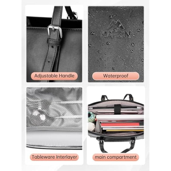 MATEIN Laptop Bags for Women with Insulated Leakproof Lunch Compartment, 15.6 Inch PU Leather Briefcase, Laptop Tote Work Bag with an Adjustable Handle, Designer handbag for School, Office, Black