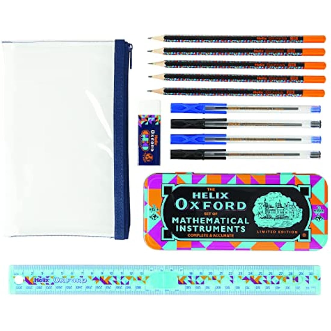 Helix Oxford Geo Complete Maths and Stationery Set - Oxford Maths Set, 30cm Folding Ruler, Ballpoint Pens, Eraser, Exam ready clear Pencil Case, Pencils - Orange Geometric Design