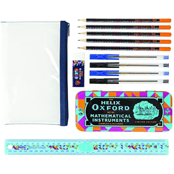 Helix Oxford Geo Complete Maths and Stationery Set - Oxford Maths Set, 30cm Folding Ruler, Ballpoint Pens, Eraser, Exam ready clear Pencil Case, Pencils - Orange Geometric Design