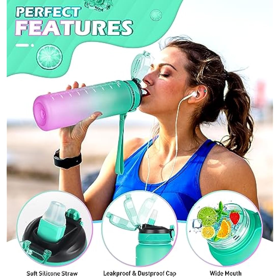 CodiCile 1L Water Bottle with Straw,Water Bottle Dishwasher Safe,Leak-proof Sports Drinks Bottle with Time Maker & Bottle Brush,Non-Toxic for Running,cycling, Gym, School & Office,Green Purple