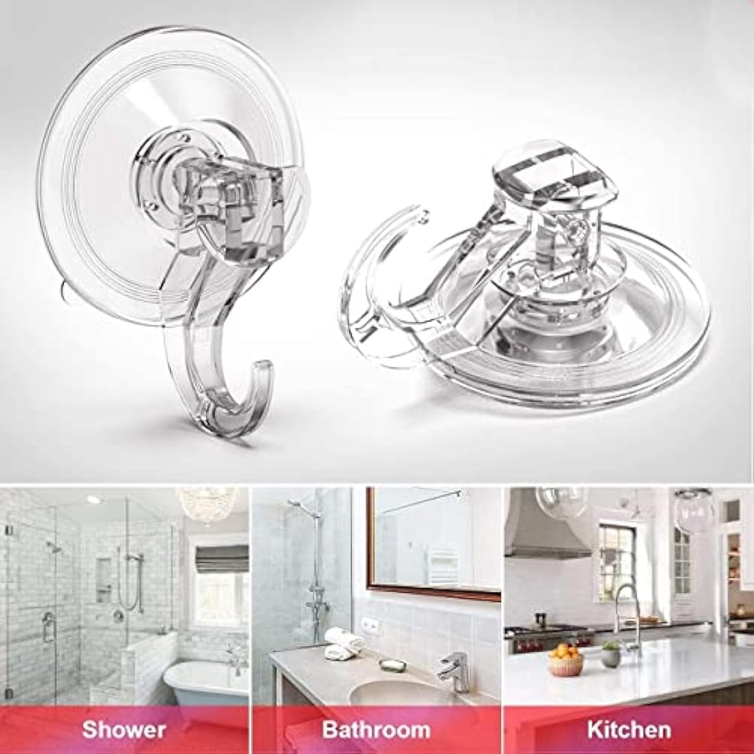 Elegear Suction Hooks for Bathroom, 3Kg Heavy Duty Plastic Strong Vacuum Suction Cup, Reusable Sucker Hook for Shower Kitchen Window Front Door Hanging Towel Caps Bags Coats Xmas Wreath, 2 Pack, Clear