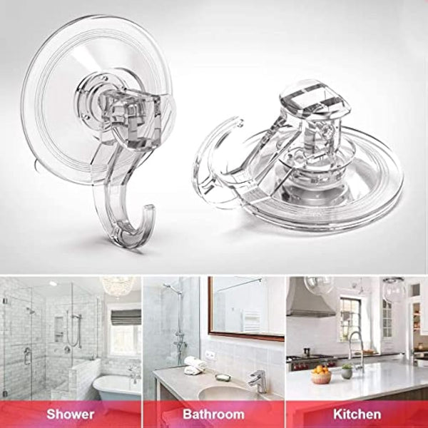 Elegear Suction Hooks for Bathroom, 3Kg Heavy Duty Plastic Strong Vacuum Suction Cup, Reusable Sucker Hook for Shower Kitchen Window Front Door Hanging Towel Caps Bags Coats Xmas Wreath, 2 Pack, Clear