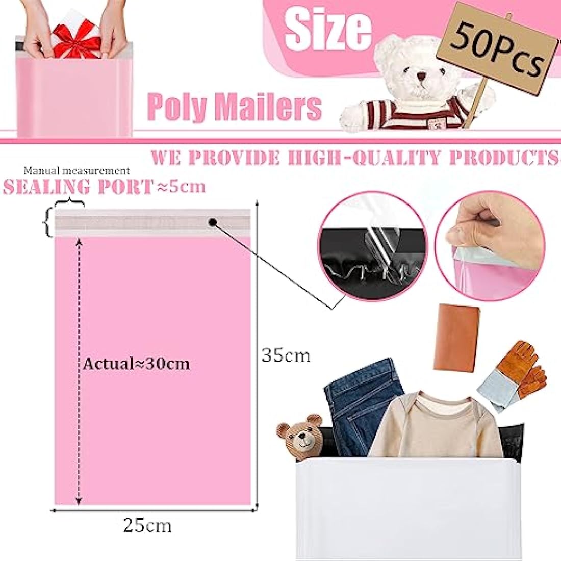 50pcs 25x35cm Pink Vinted Postage Bags Mailing Bags for Clothes,Mailing Poly Postal Self Seal Bags,Parcel Shipping Bags Strong Packaging Bags Delivery Bags Plastic Envelopes for Posting Clothes Parcel