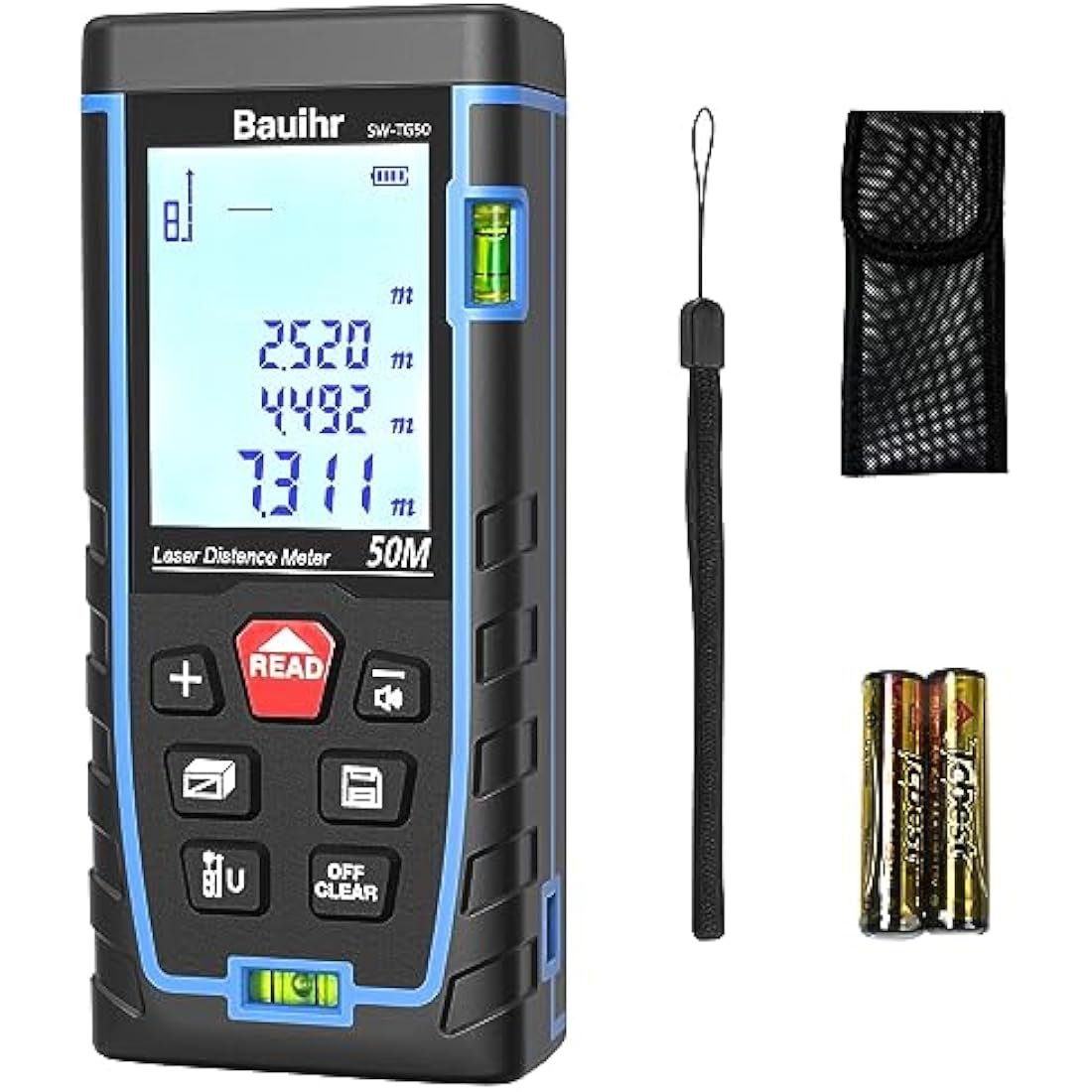 Bauihr Laser Measure Device, 50M/165ft Laser Distance Measure with 2 Bubble Levels, Portable Lazer Measurement Tool with Large Backlit LCD Display, Waterproof IP54, Battery Included