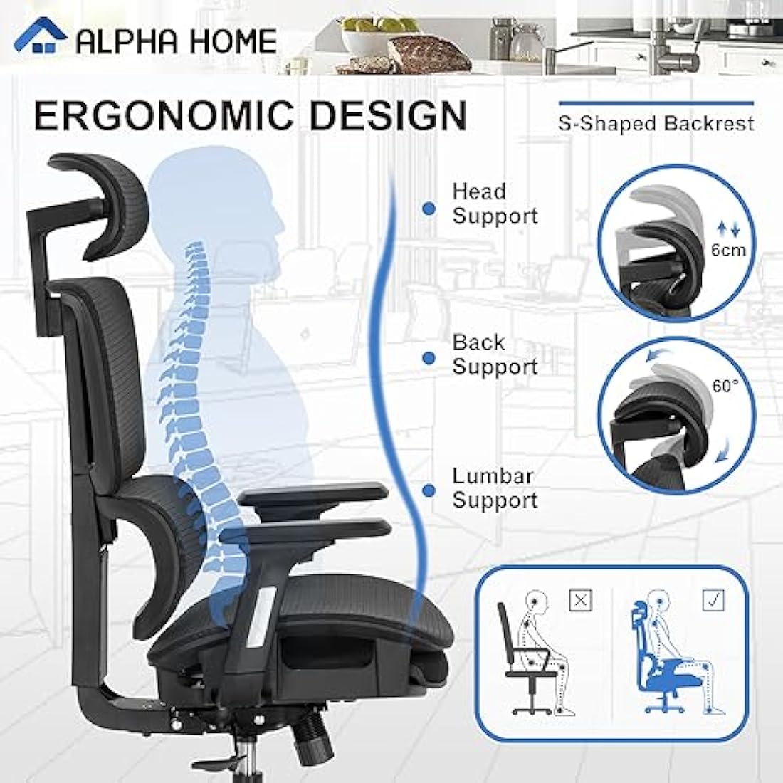 ALPHA HOME Office Chair Ergonomic Desk Chair with Retractable Footrest High Back Manager Chair Computer Home Office Chair 90-130° Tilt Angle with 3D-Armrest,Adjustable headrest,Lumbar Support